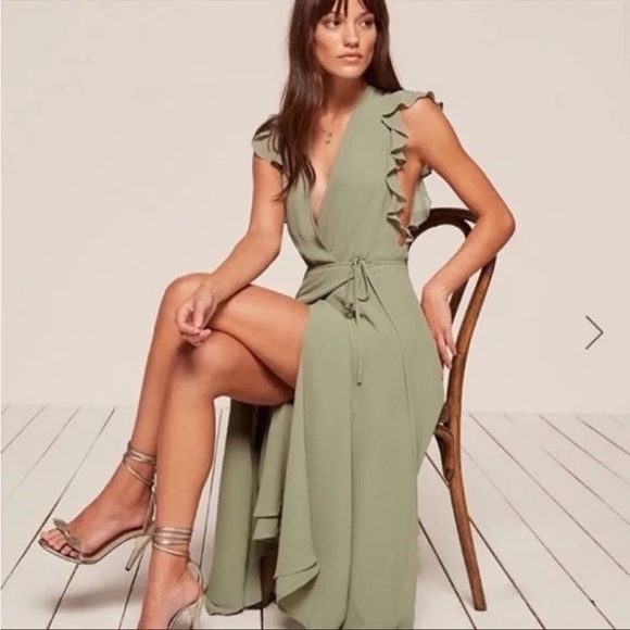 Reformationn Hillary Wrap Dress in Green - Picture 2 of 10